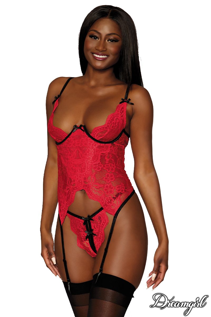 Picture of Lingerie, Corset & Bustier, Lace Bustier, Open Crotch G-String, Lipstick Red, O/S, -DG10561