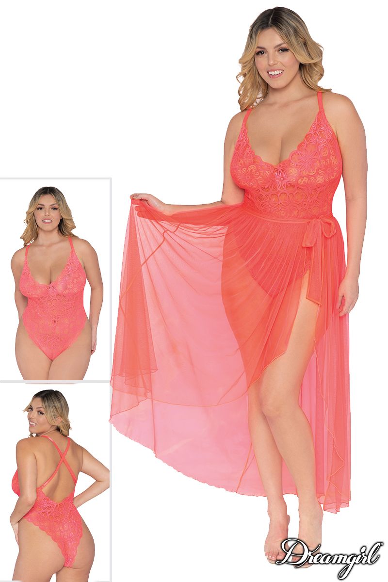 Picture of Lingerie, Multi Piece, Teddy & Skirt Set, Coral, 1X, -DG10996X