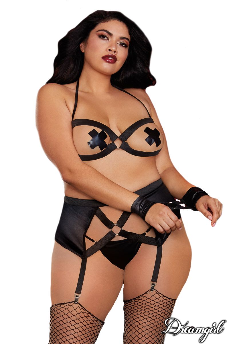 Picture of Lingerie, Multi Piece, Promo35-Wet Look X-Shape 3Pc, Black, QUEEN, -DG12223X