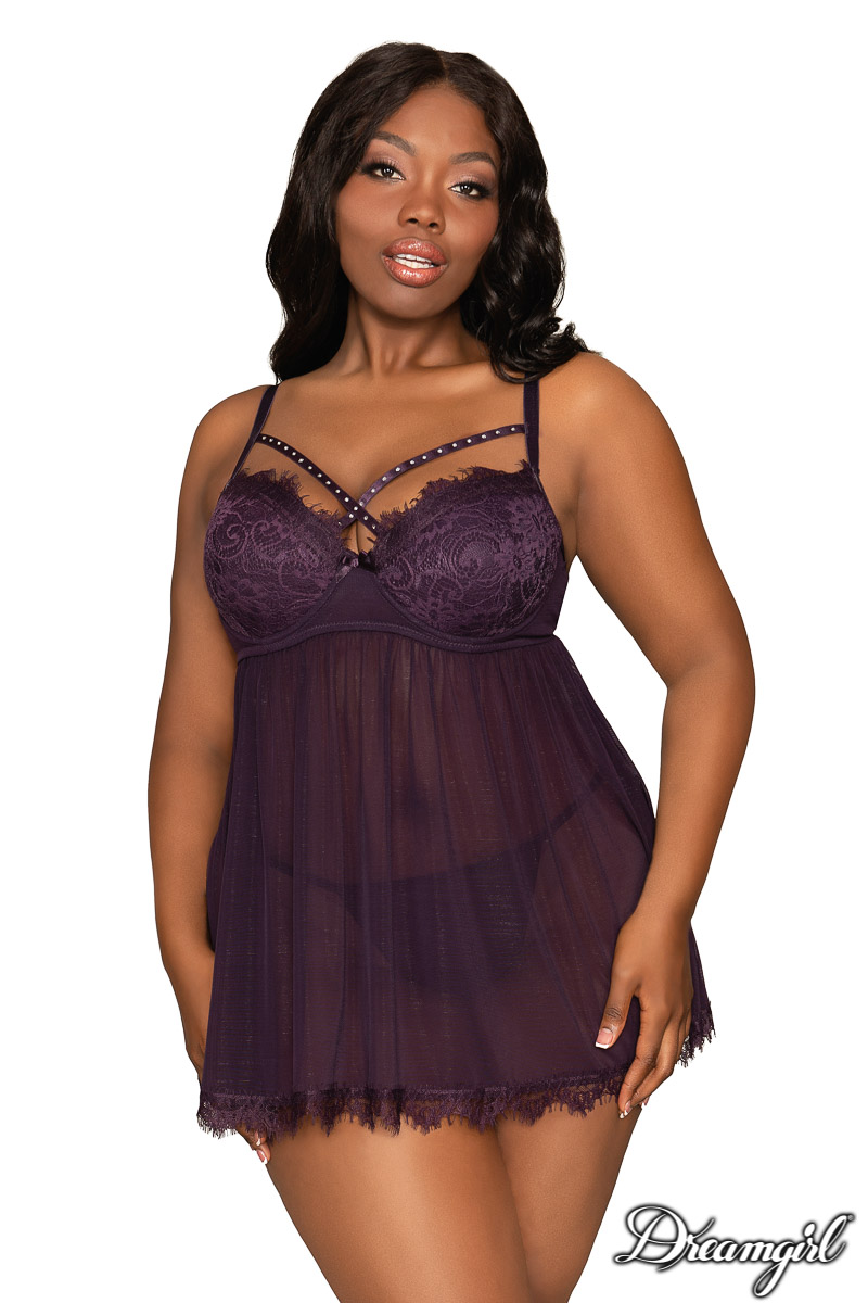 Picture of Lingerie, Babydoll-Chemise, Studded Strappy Babydoll, Eggplant, 1X, -DG12378X