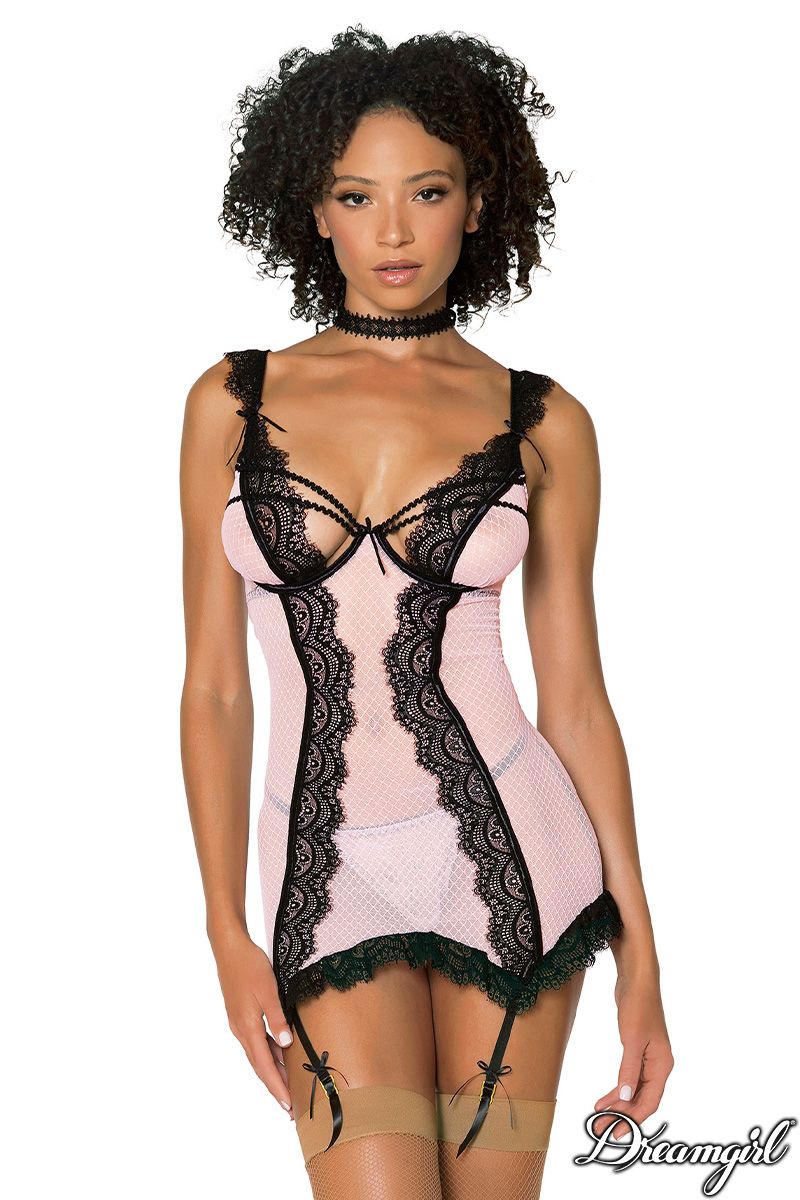 Picture of Lingerie, Babydoll-Chemise, Lace Trim Vintage Chemise, Pink-Black, XL, -DG12783