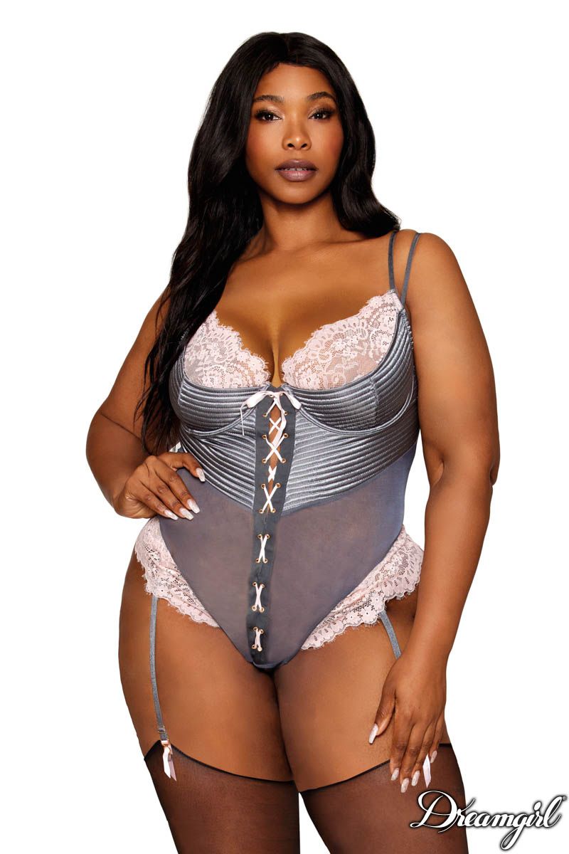 Picture of Lingerie, Teddy, Striped Satin Teddy, Grey-Pink, 1X, -DG13220X