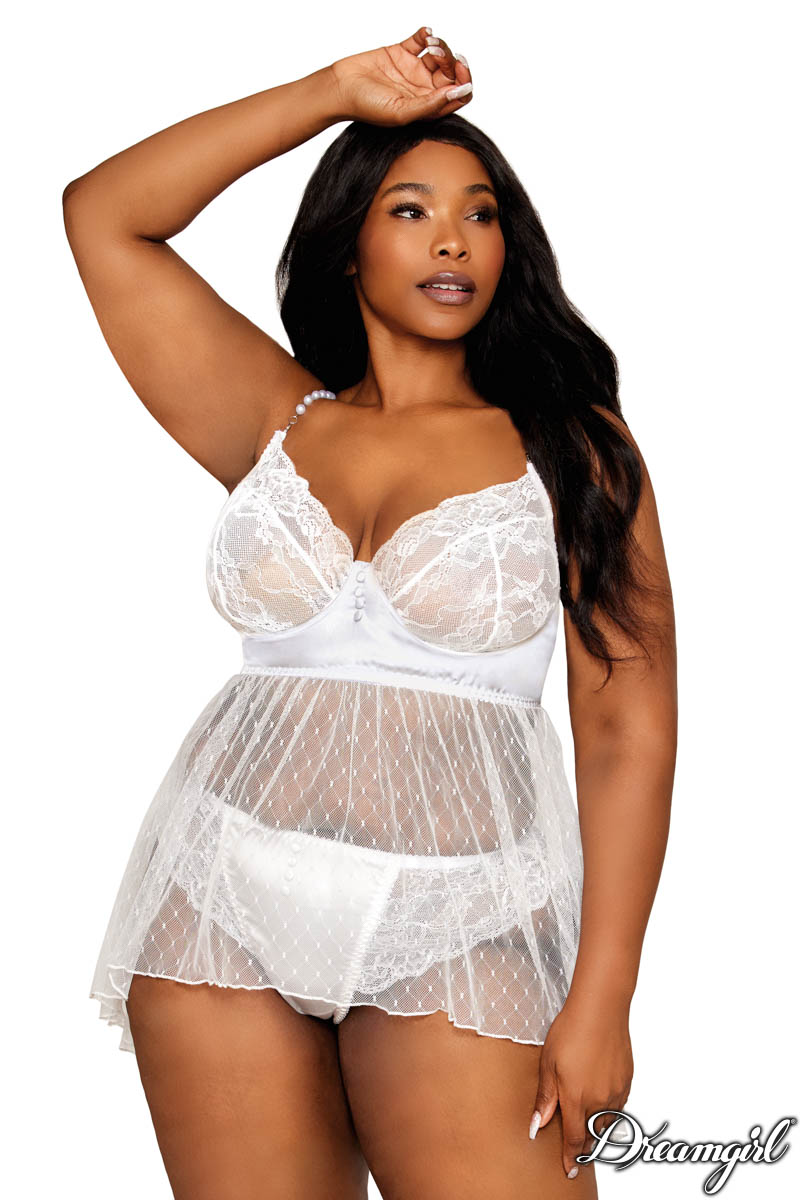 Picture of Lingerie, Babydoll-Chemise, Dot Mesh Hi-Low Babydoll, White, 1X, -DG13259X