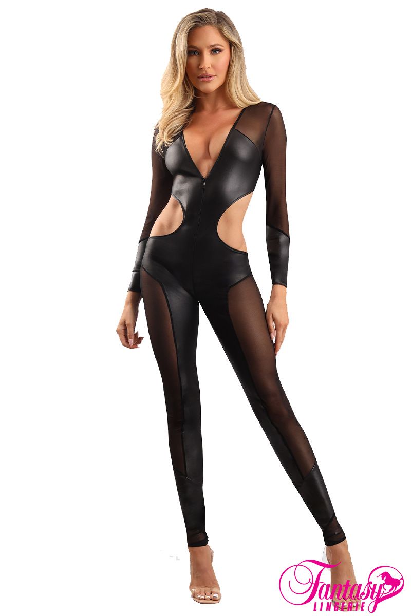 Picture of Lingerie, Bodystocking, Wet Look Mesh Catsuit, Black, L/XL, -FAEG2413