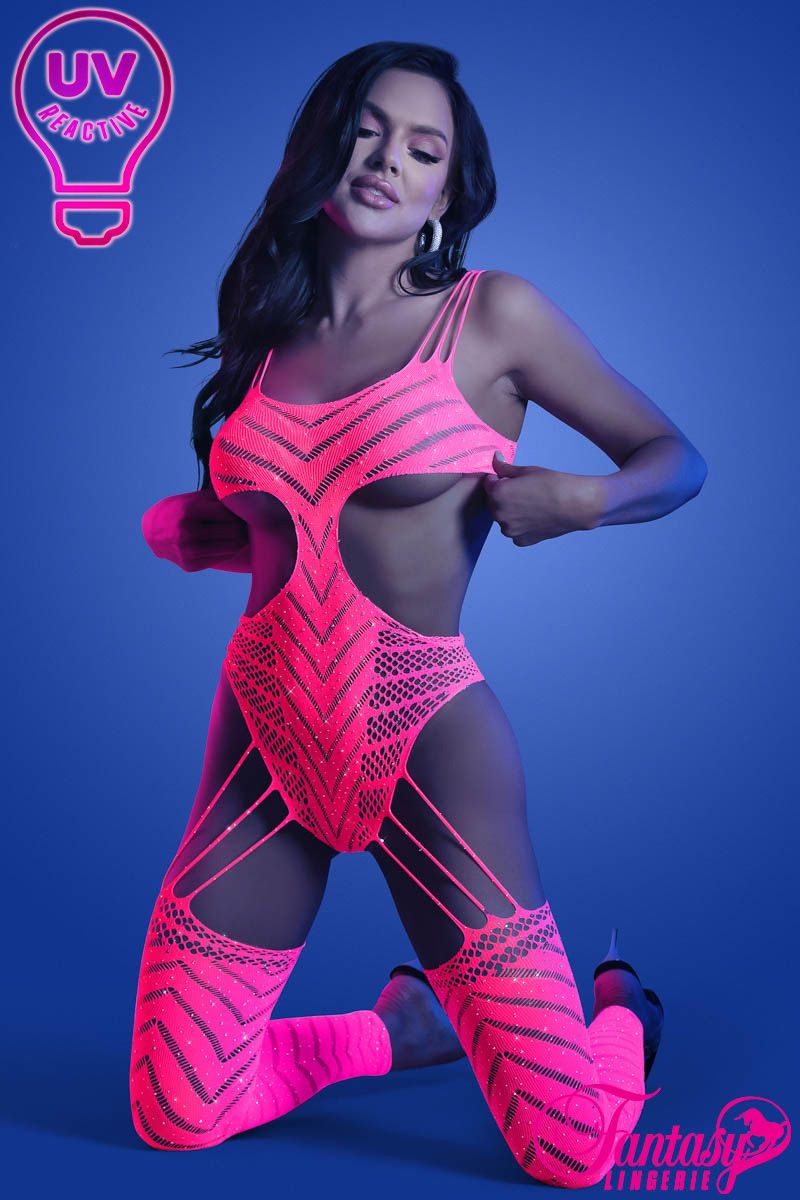 Picture of Lingerie, Bodystocking, Uv Rhinestone Bodystocking, Neon Pink, O/S, -FAGL2140