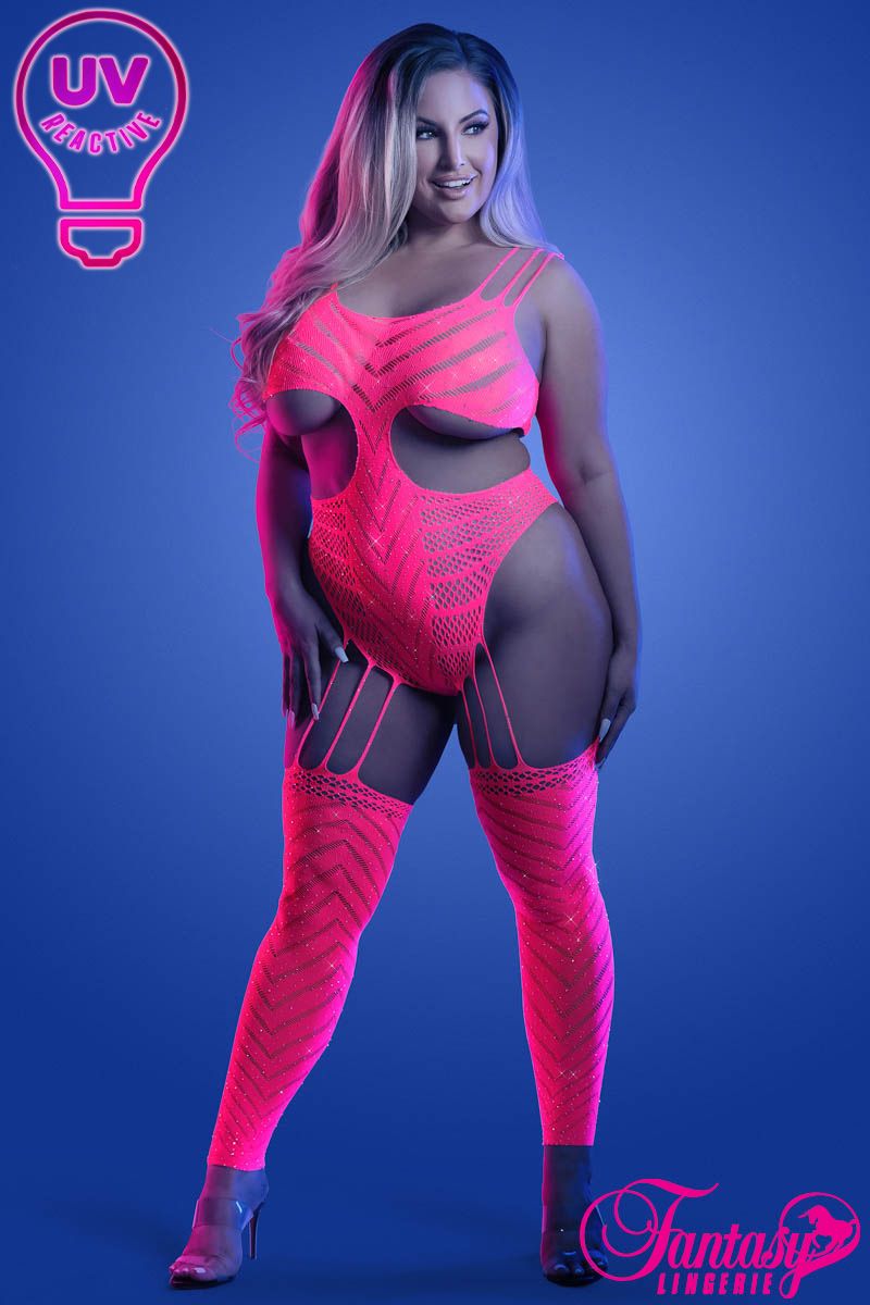 Picture of Lingerie, Bodystocking, Uv Rhinestone Bodystocking, Neon Pink, O/S, -FAGL2140