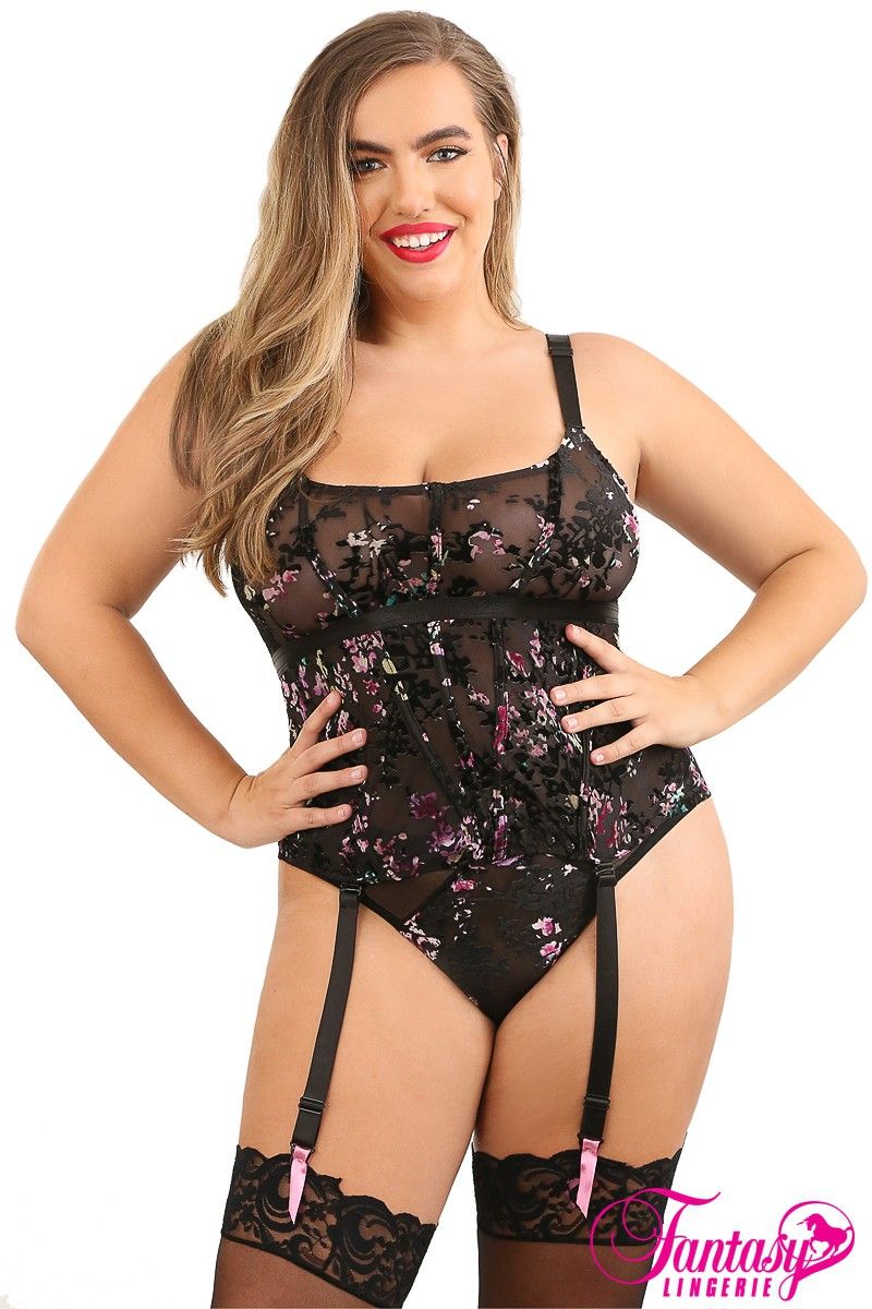 Picture of Lingerie, Corset & Bustier, Promo30-Floral Bustier, Panty, Black-Pink, 1X/2X, -FAP605X