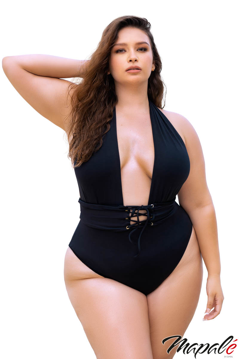 Picture of Swimwear, Swimsuit One Piece, Lace-Up Halter Monokini, Black, 1X/2X, -MA67009X