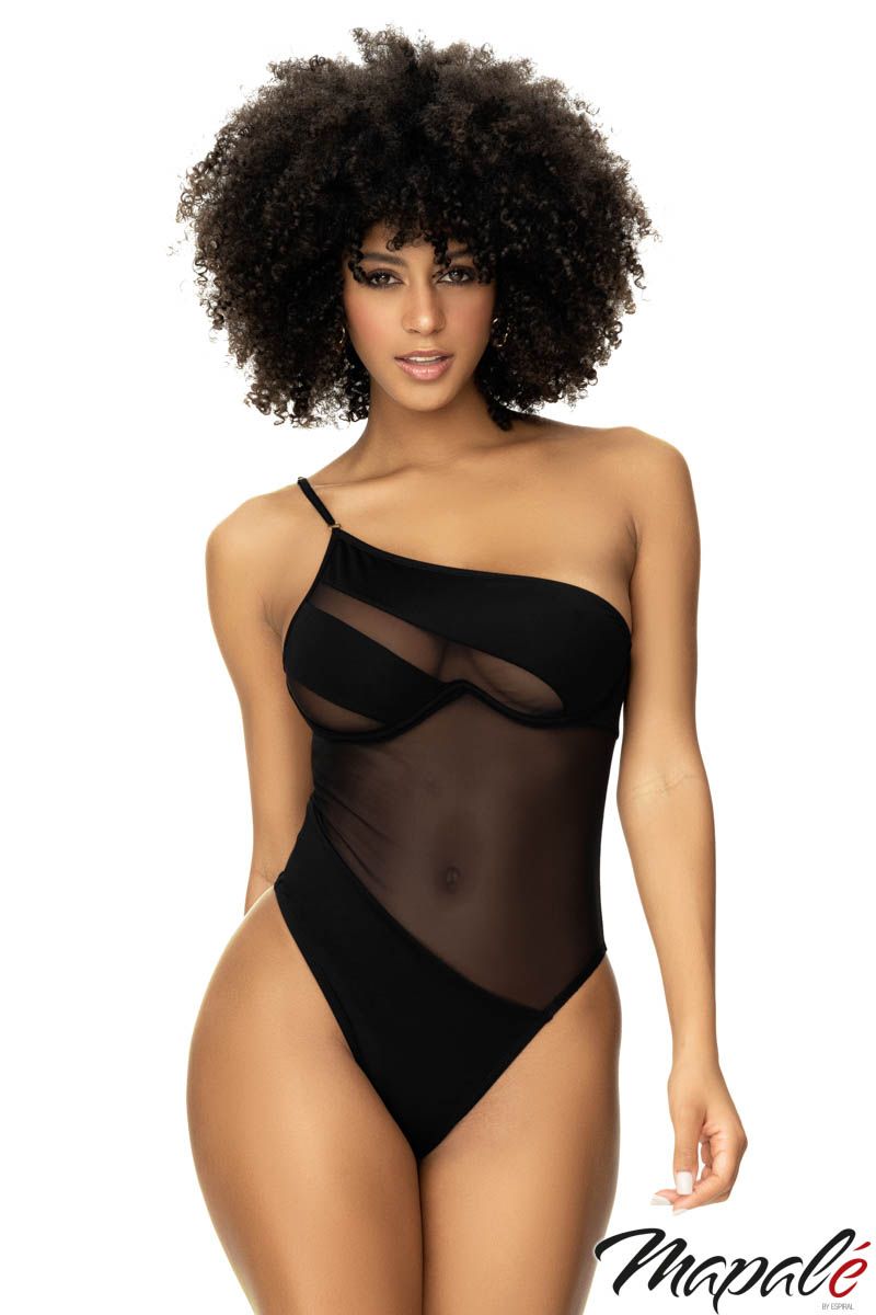 Picture of Swimwear, Swimsuit One Piece, Sheer Inset Asymmetric Monokini, Black, L/XL, -MA67062