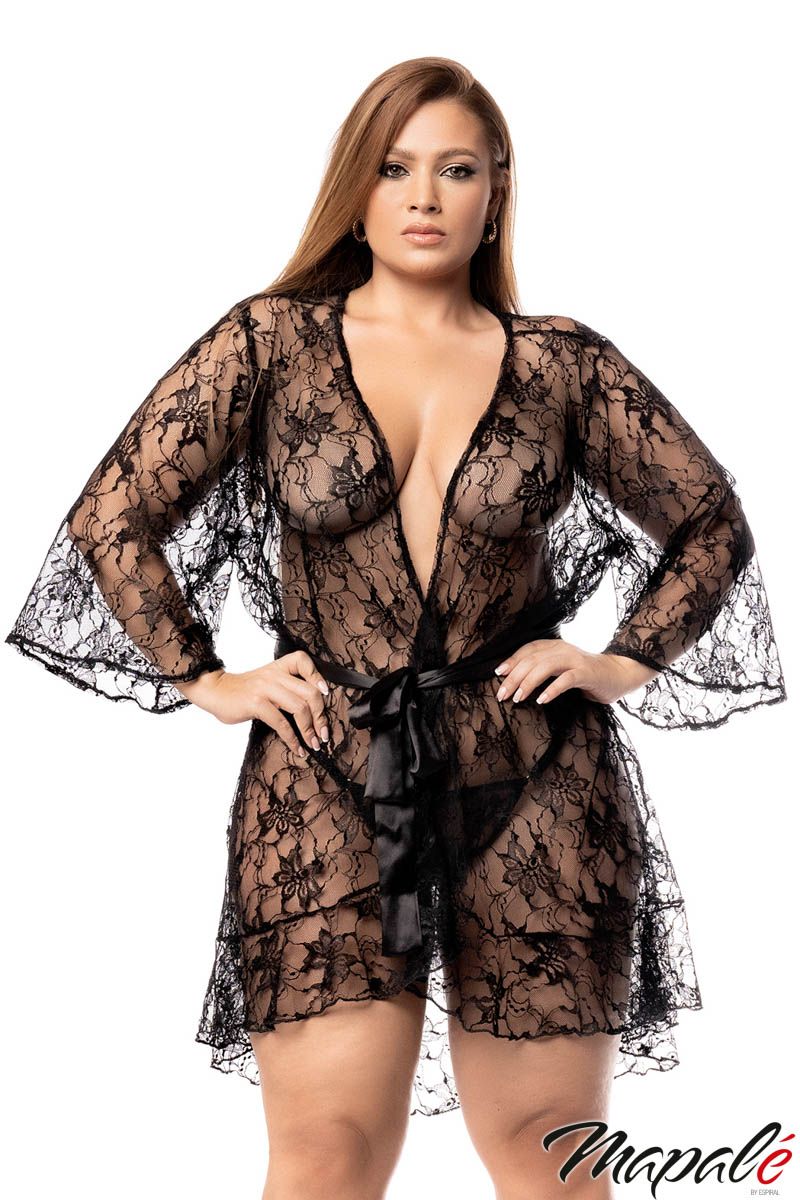 Picture of Lingerie, Robe, Sheer Lace Robe, Black, 1X/2X, -MA7495X