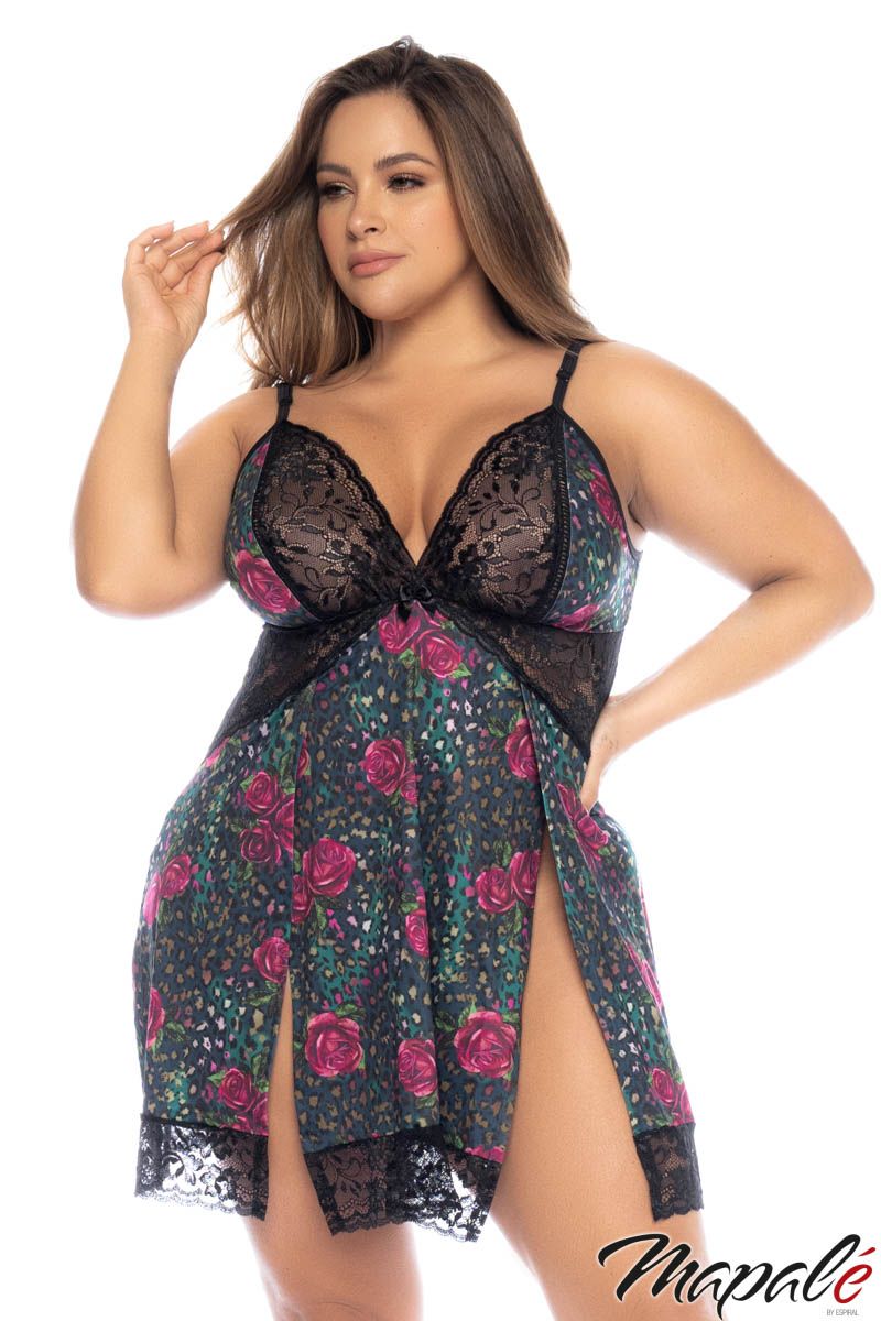 Picture of Lingerie, Sleepwear, Slit Sides Leopard Roses Chemise, As Shown, 1X/2X, -MA7526X