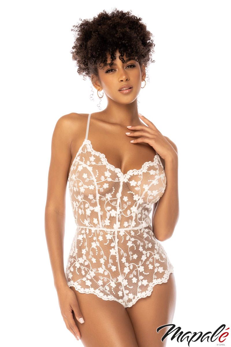 Picture of Lingerie, Teddy, Sheer Floral Romper, White, L, -MA7543