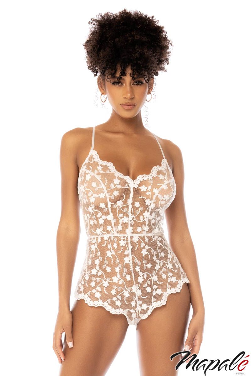 Picture of Lingerie, Teddy, Sheer Floral Romper, White, L, -MA7543