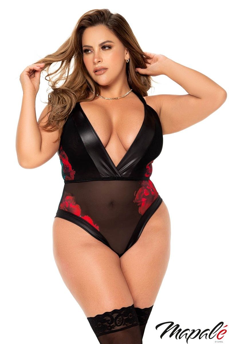 Picture of Lingerie, Teddy, Rose Print Teddy, Black-Red, 1X/2X, -MA8705X