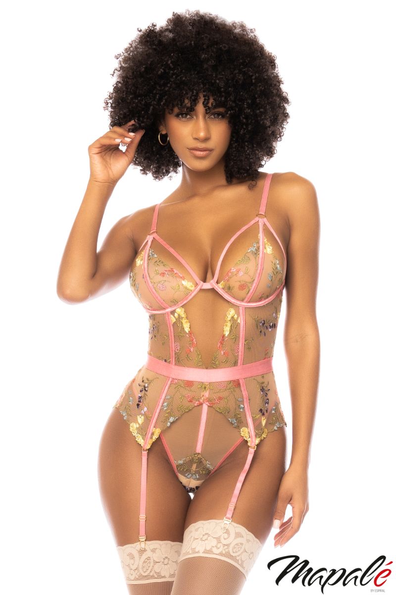 Picture of Lingerie, Teddy, Sheer Floral Garter Teddy, Nude-Pink, XL, -MA8821