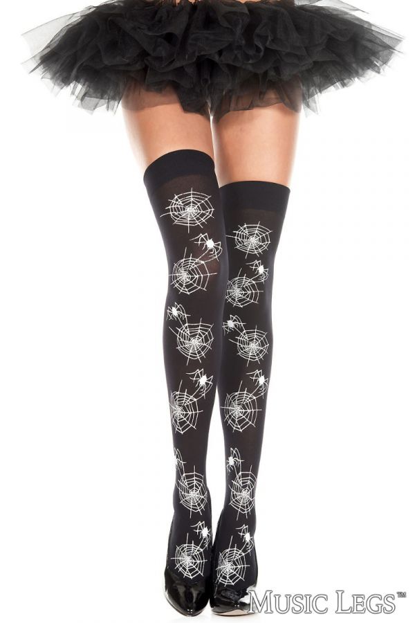 Picture of Costume, Halloween, Opaque Spider And Web Print Thigh Hi, Black-White, O/S, -ML4512