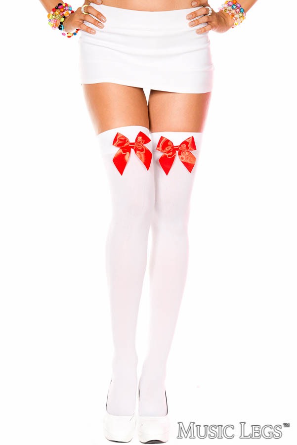 Picture of Hosiery, Thigh Hi, Satin Bow Thigh Hi, White-Black, O/S, -ML4742