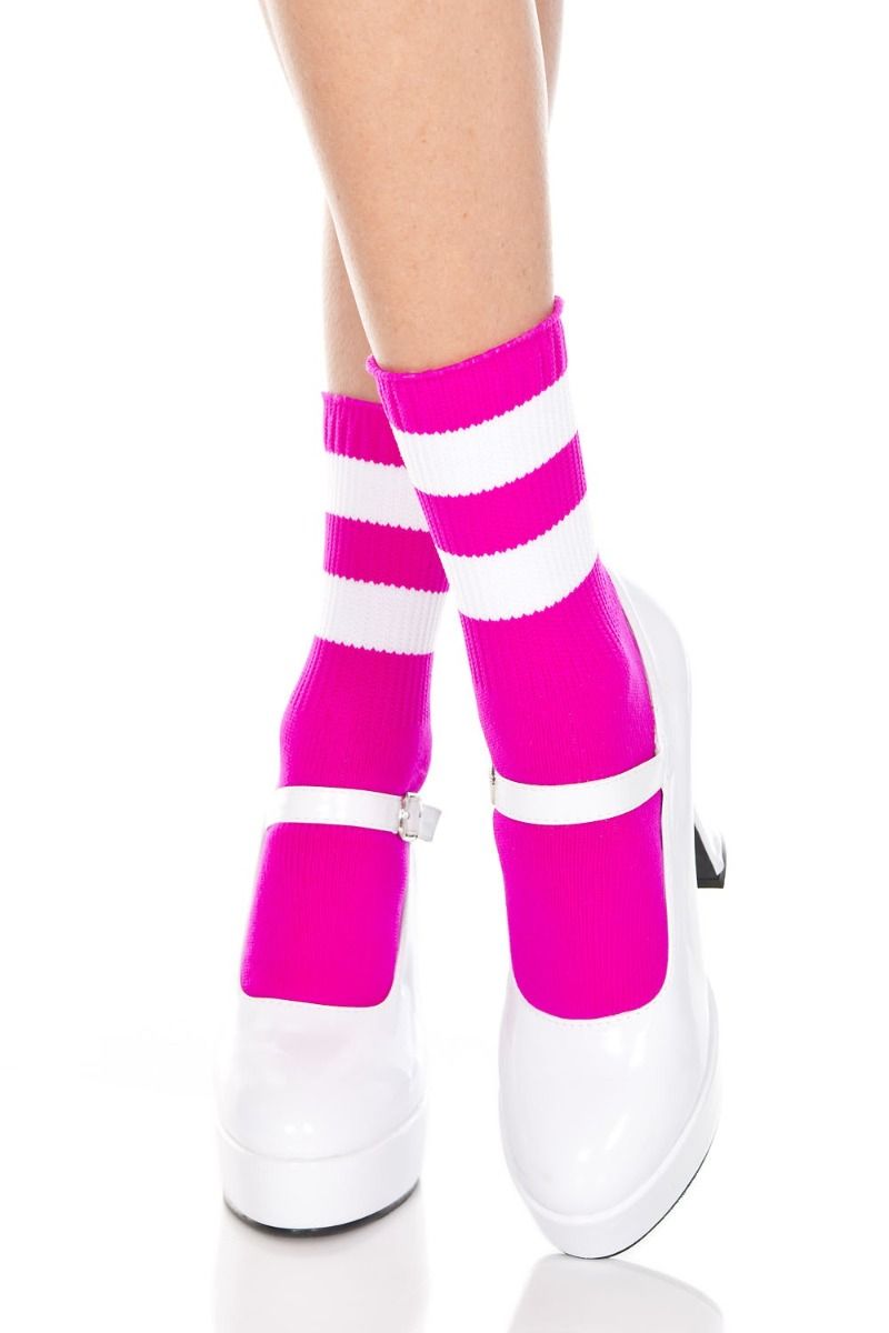 Picture of Hosiery, Ankle Hi, Striped Top Ankle Hi, Fuchsia-White, O/S, -ML526