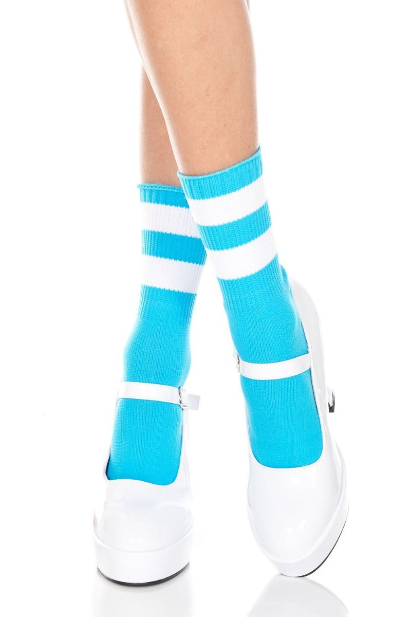 Picture of Hosiery, Ankle Hi, Striped Top Ankle Hi, Neon Blue-White, O/S, -ML526