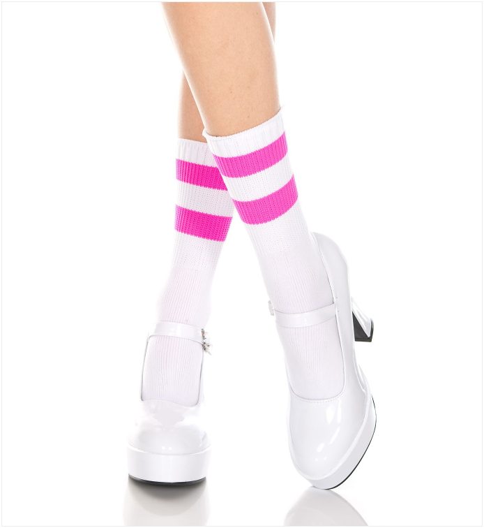 Picture of Hosiery, Ankle Hi, Striped Top Ankle Hi, White-Fuchsia, O/S, -ML526