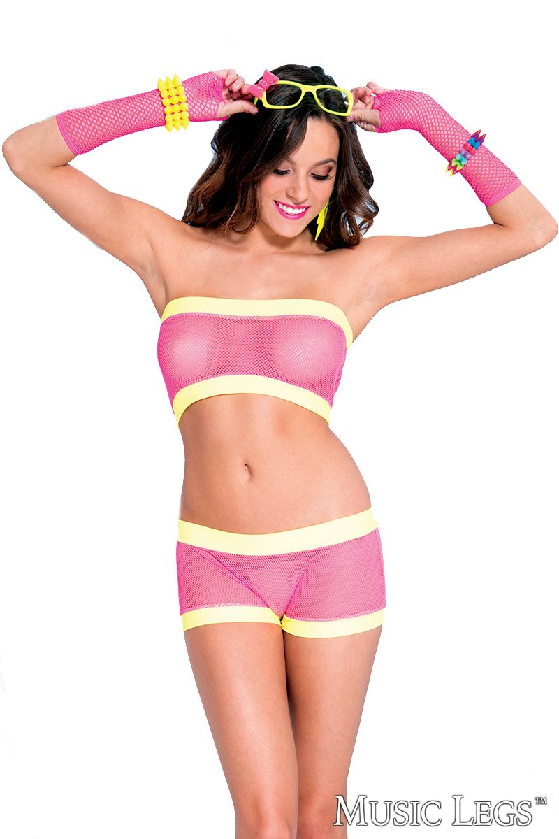 Picture of Lingerie, Multi Piece, Fishnet Tube Top, Shorts, Neon Pink-Neon Yellow, O/S, -ML55003