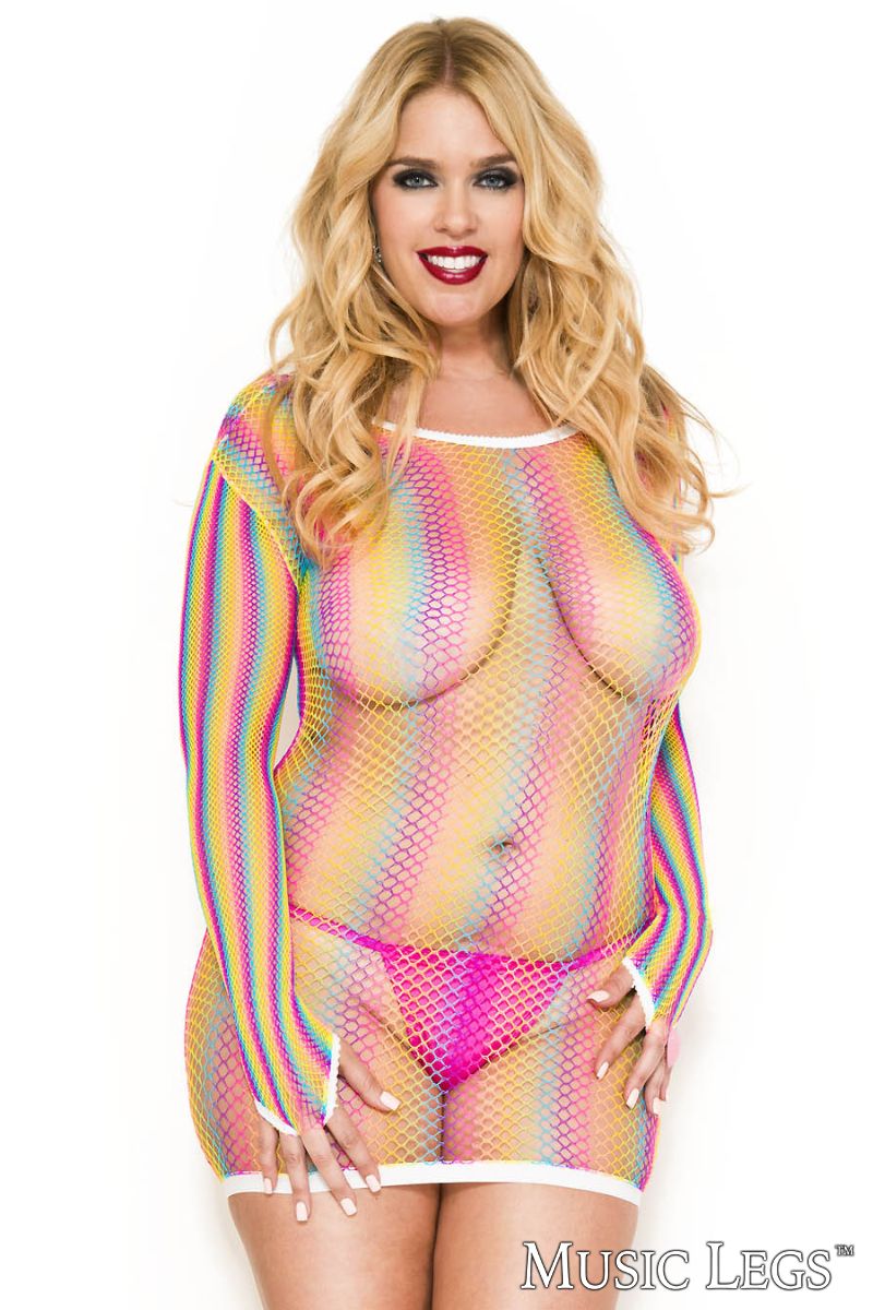 Picture of Lingerie, Mini Dress, Striped Fishnet Long Sleeved Dress, Rainbow, QUEEN, -ML6718Q