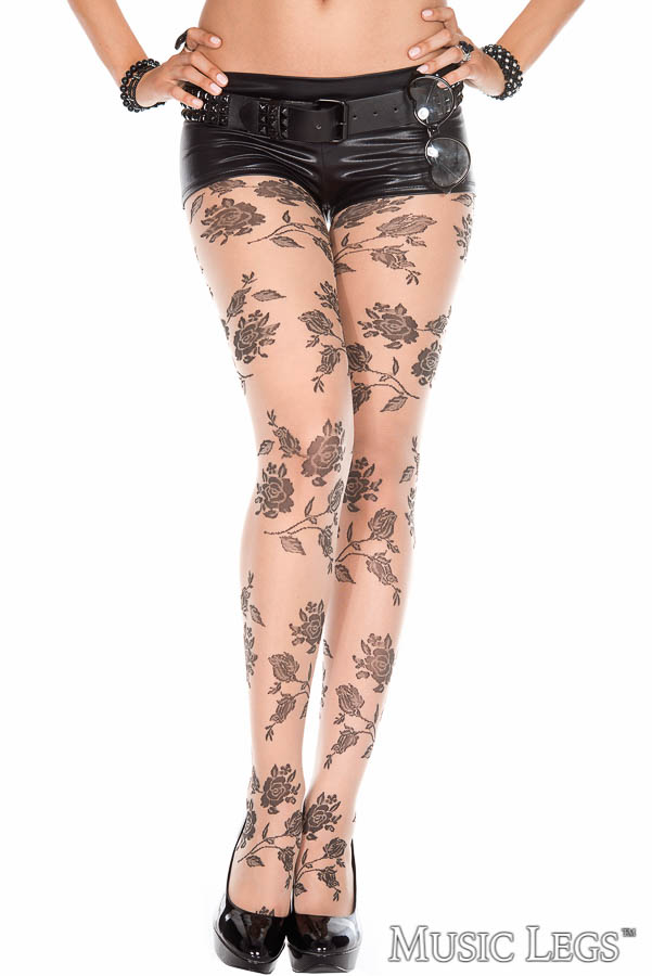 Picture of Hosiery, Pantyhose, Black Rose Print Pantyhose, Beige-Black, O/S, -ML7095