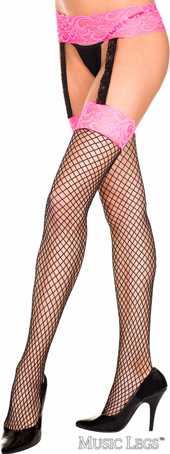 Picture of Hosiery, Holiday, 2 Tone Lace Top Fishnet Suspender, Black-Hot Pink, O/S, -ML7995